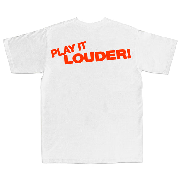 Play It Louder! T-Shirt - White & Orange (Handy x Chunkers)